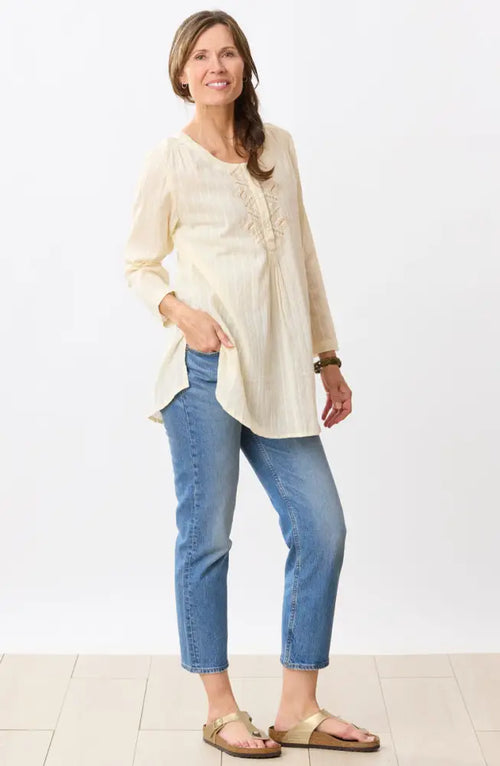 Abha Textured Cotton Henley Tunic - Natural