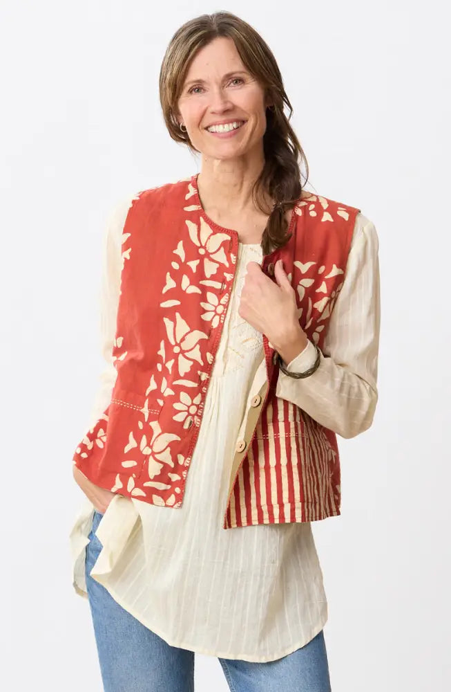Abha Textured Cotton Henley Tunic - Natural