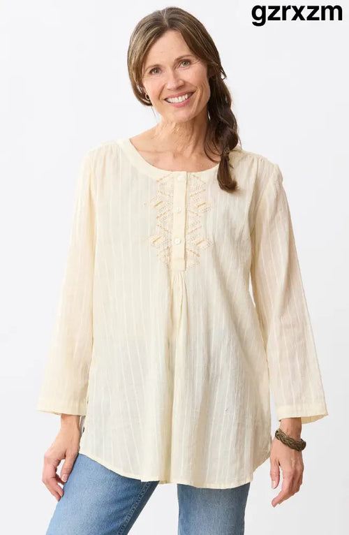Abha Textured Cotton Henley Tunic - Natural - Natural / S (6-8)