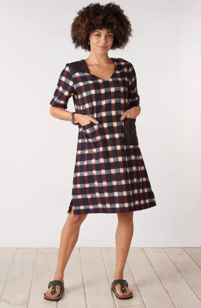 Aloka Ikat V-Neck Knee-Length Dress - Black/Multi