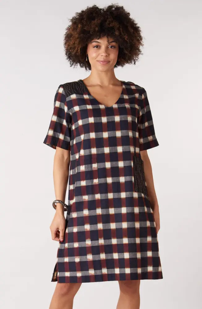 Aloka Ikat V-Neck Knee-Length Dress - Black/Multi