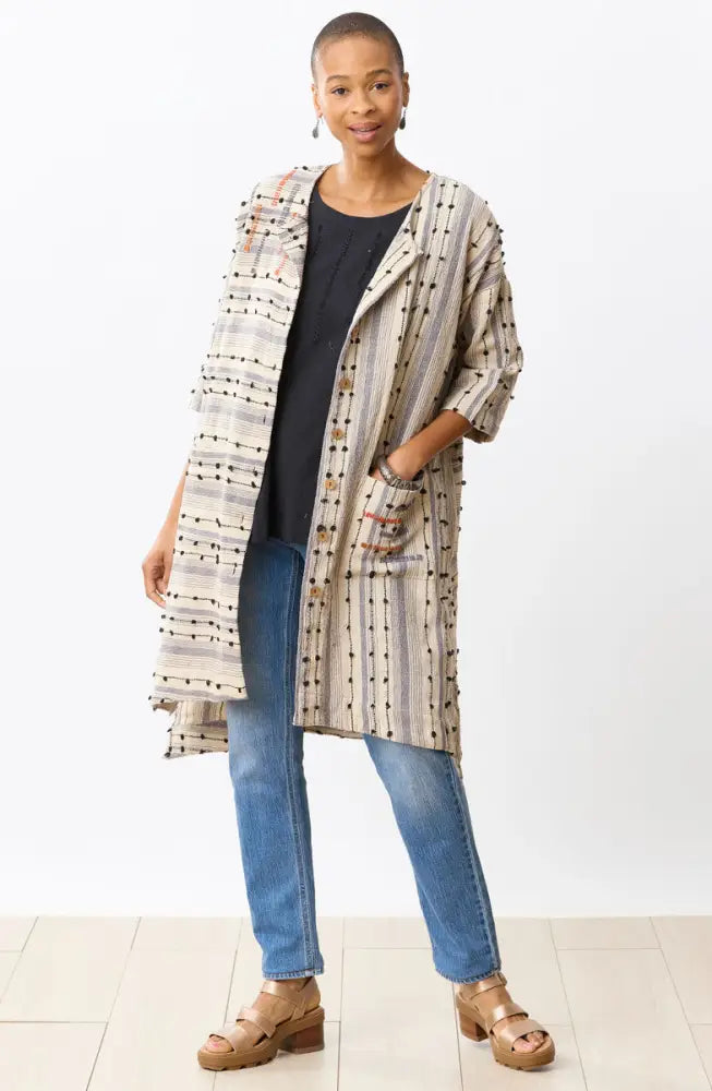 Bhadra Textured Cotton Oversized Jacket - Natural/Multi
