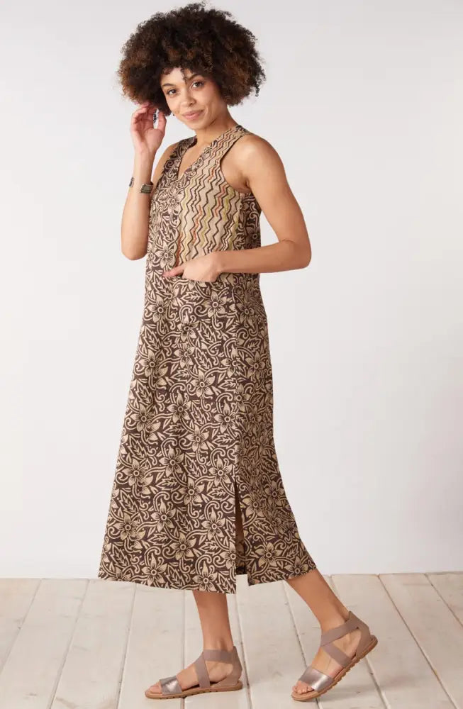 Dariya Organic Cotton Sleeveless Midi Dress - Beach/Ebony