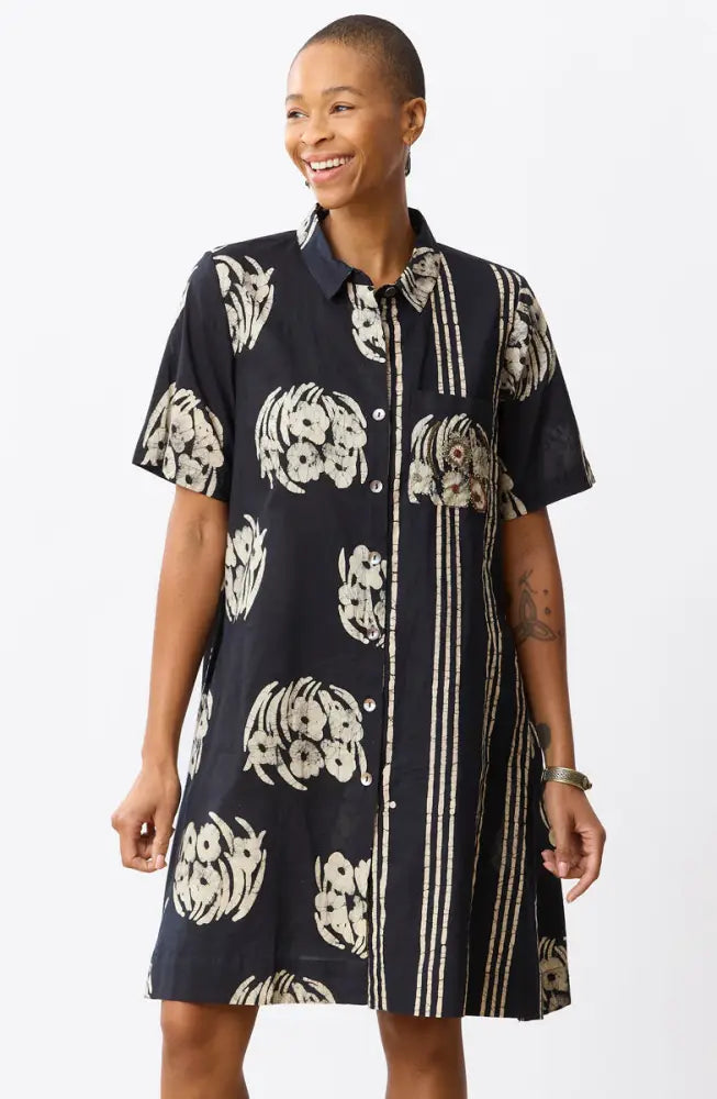 Deepali Short-Sleeve A-line Shirtdress - Black/Natural