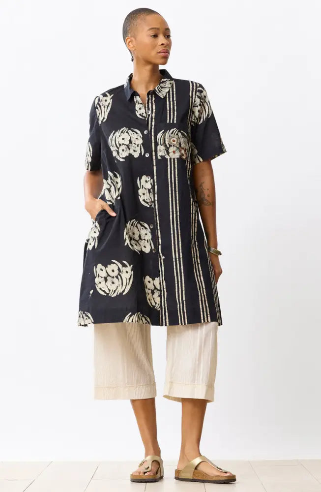 Deepali Short-Sleeve A-line Shirtdress - Black/Natural