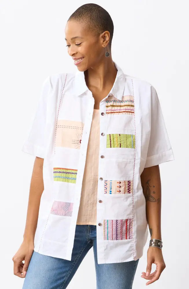 Faiza Organic Cotton Embroidered Sampler Inset Shirt - White/Multi