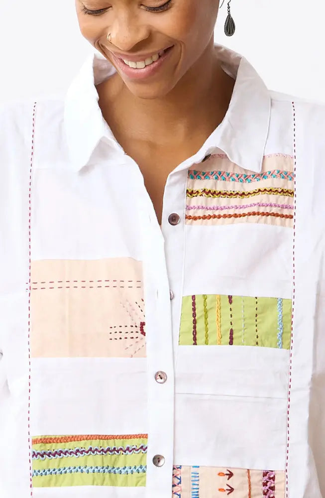 Faiza Organic Cotton Embroidered Sampler Inset Shirt - White/Multi