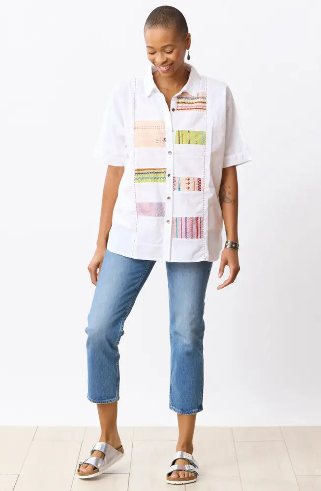 Faiza Organic Cotton Embroidered Sampler Inset Shirt - White/Multi