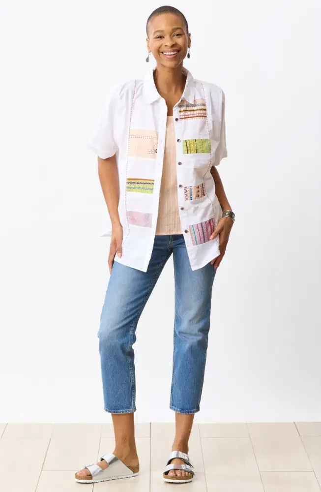 Faiza Organic Cotton Embroidered Sampler Inset Shirt - White/Multi