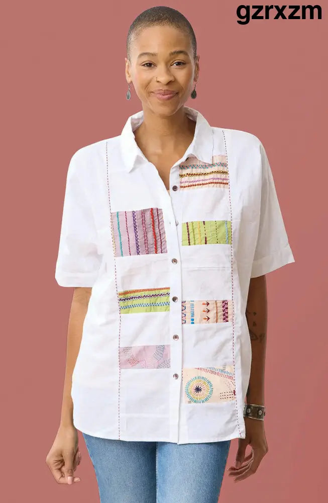Faiza Organic Cotton Embroidered Sampler Inset Shirt - White/Multi - White/Multi / S (6-8)