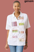 Faiza Organic Cotton Embroidered Sampler Inset Shirt - White/Multi - White/Multi / S (6-8)