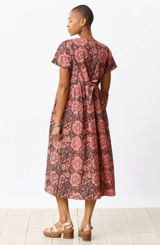 Geethali Organic Cotton V-Neck Midi Dress - Grapefruit/Ebony