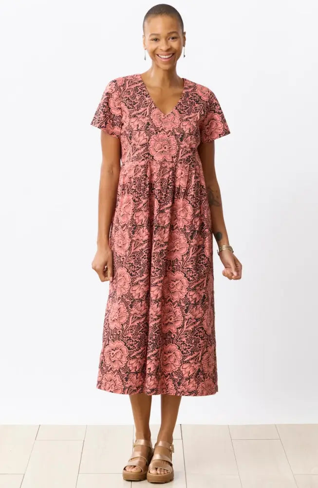 Geethali Organic Cotton V-Neck Midi Dress - Grapefruit/Ebony