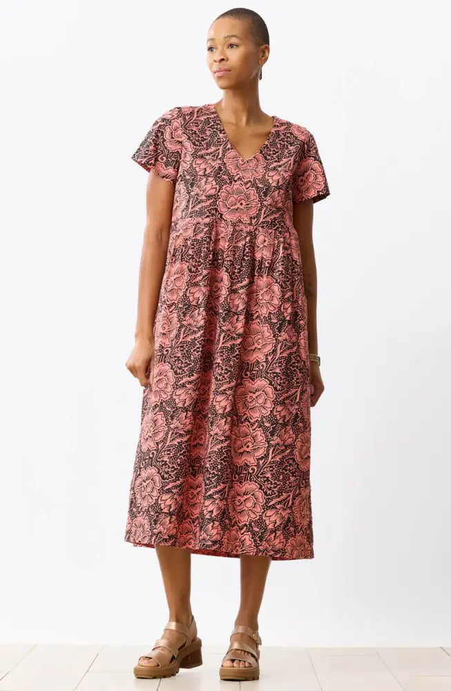 Geethali Organic Cotton V-Neck Midi Dress - Grapefruit/Ebony