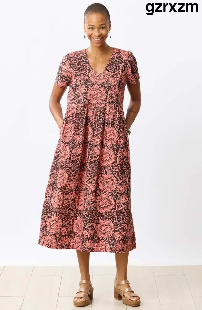 Geethali Organic Cotton V-Neck Midi Dress - Grapefruit/Ebony - Grapefruit/Ebony / PS (6-8)