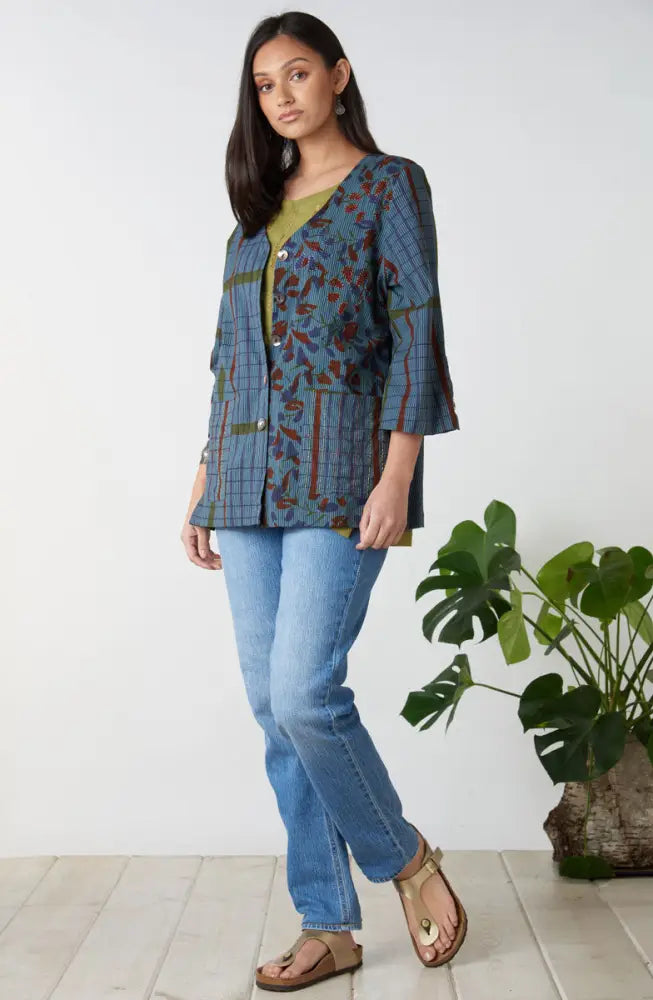 Jayati Mixed Print V-Neck Jacket - Blue/Multi