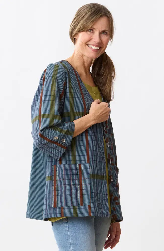 Jayati Mixed Print V-Neck Jacket - Blue/Multi