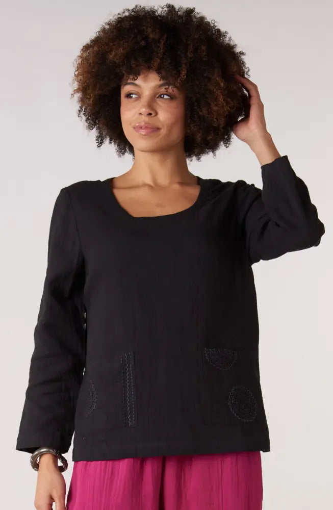 Kasuri Double Gauze Round-Neck Popover Top - Black / S (6-8)