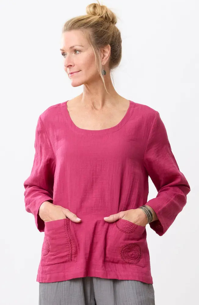 Kasuri Double Gauze Round-Neck Popover Top - Fuchsia / S (6-8)