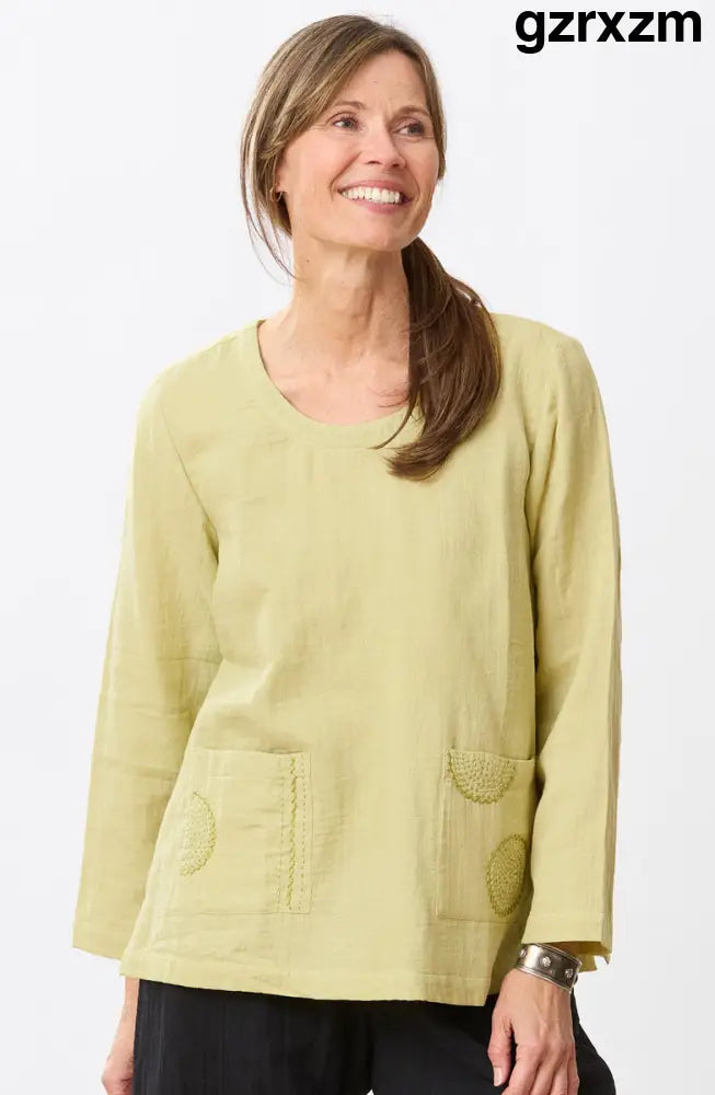 Kasuri Double Gauze Round-Neck Popover Top - Kiwi / S (6-8)