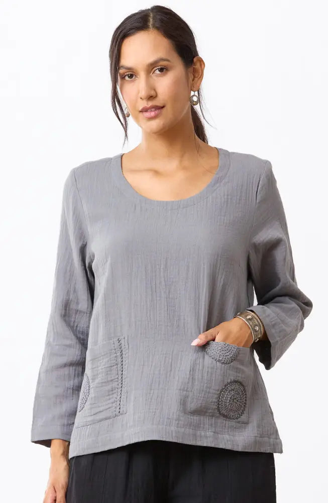 Kasuri Double Gauze Round-Neck Popover Top - Storm / S (6-8)