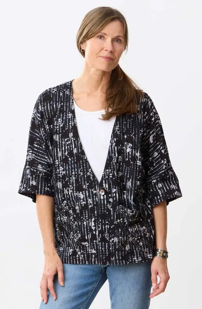 Kolkata Drop-Shoulder Batik Knit Jacket - Black