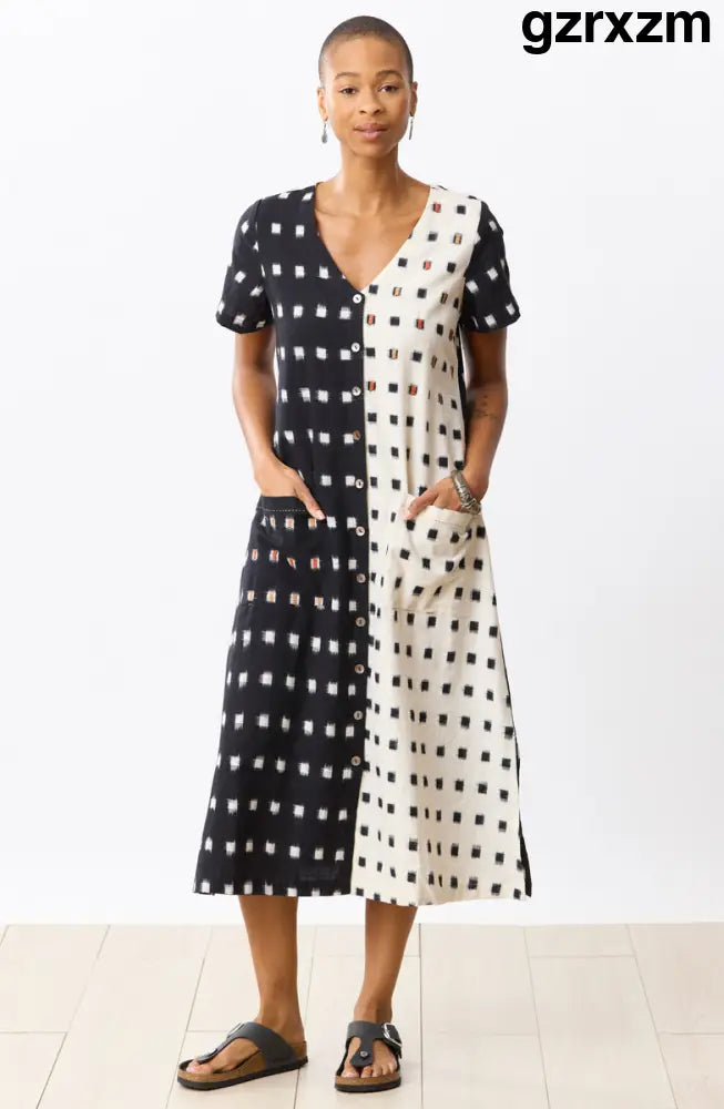 Rajouri Ikat Button Front Midi Dress - Soft white/Black - Soft white/Black / PS (6-8)
