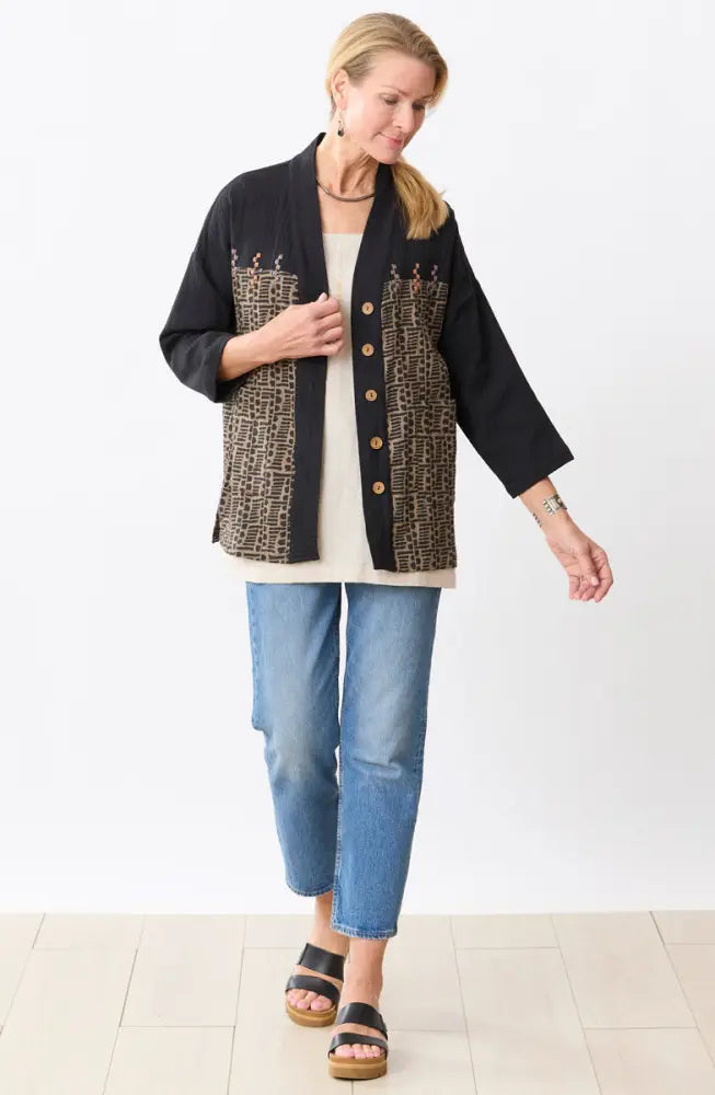 Rupashi Cotton Dobby Gauze Jacket - Cumin/Black