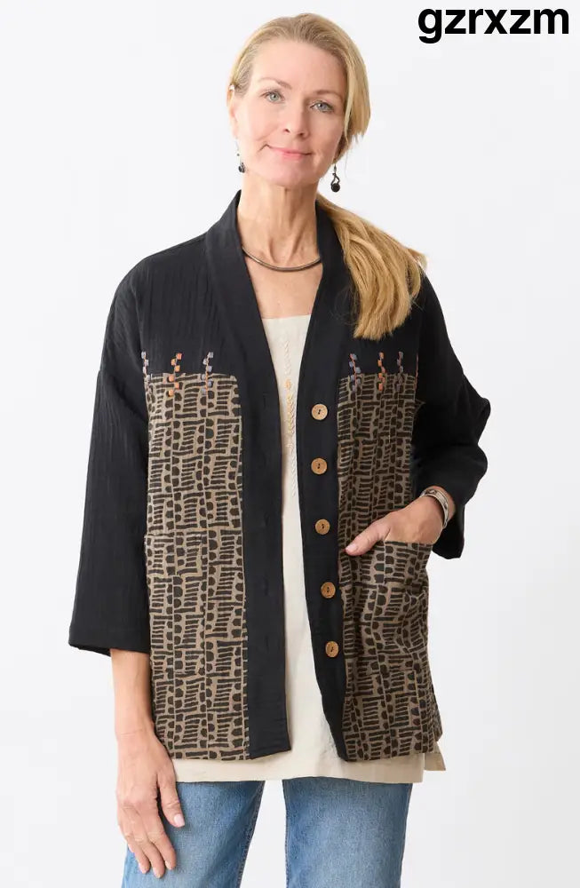 Rupashi Cotton Dobby Gauze Jacket - Cumin/Black - Cumin/Black / S (6-8)