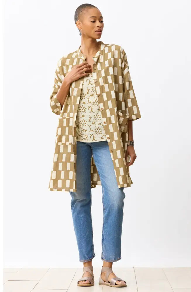 Usha Batik Print Oversized Shirt Jacket - Straw