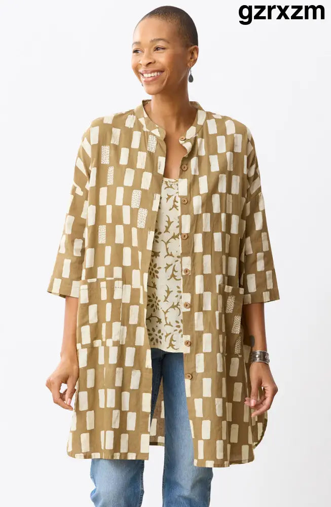 Usha Batik Print Oversized Shirt Jacket - Straw - Straw / XS (2-4)